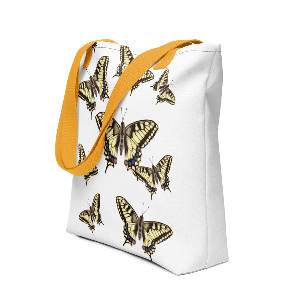 Machaon all-over print tote bag - Focusing on the yellow handle
