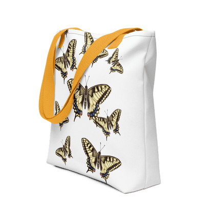 Machaon all-over print tote bag - Focusing on the yellow handle
