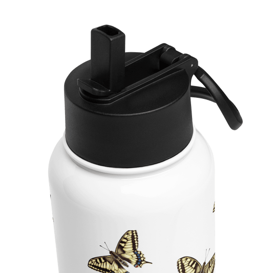 Close-up of a personalized stainless steel water bottle with butterfly design and straw lid for easy hydration.