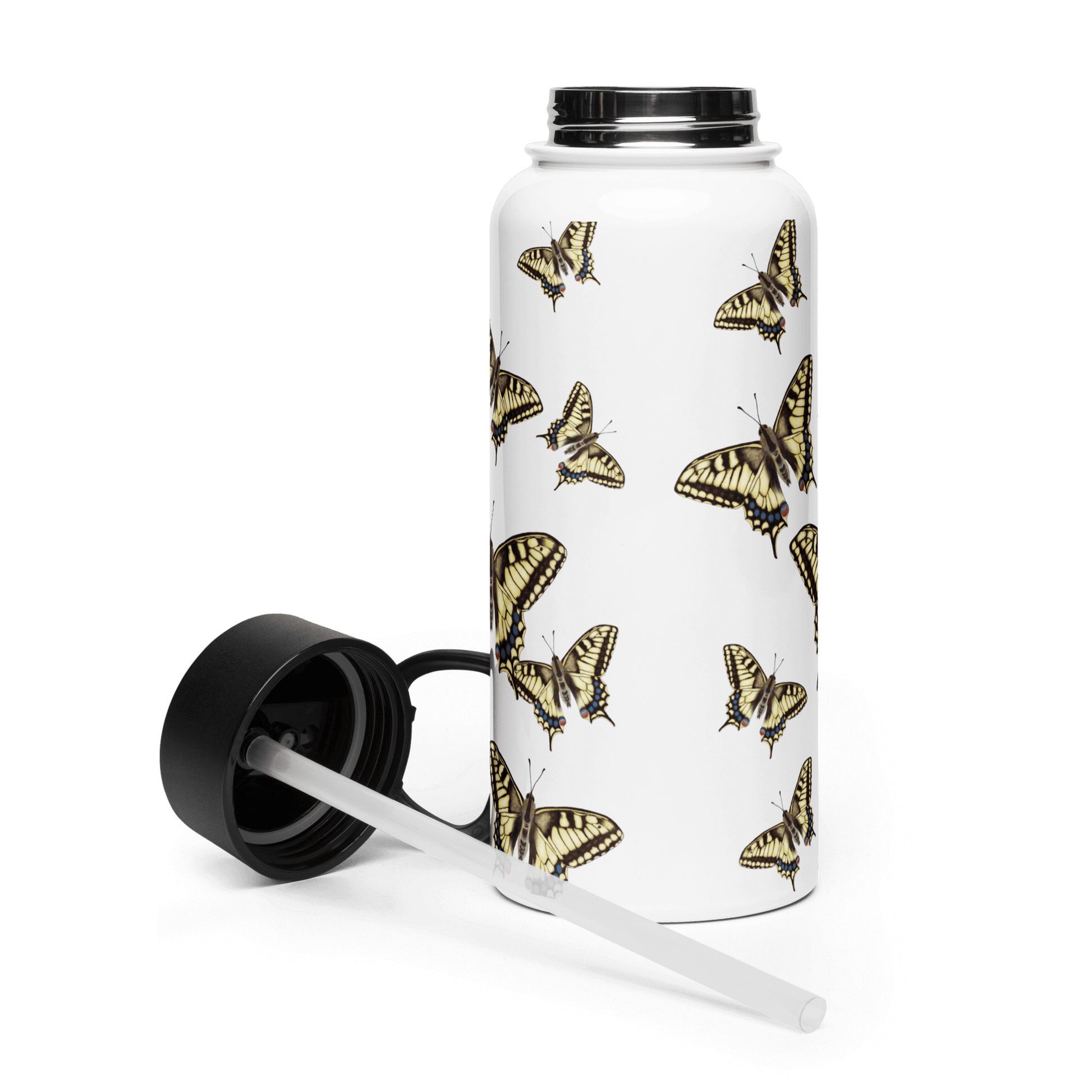 Stunning Machaon Butterfly design on a 950 ml stainless steel water bottle with a straw lid, perfect for nature lovers.