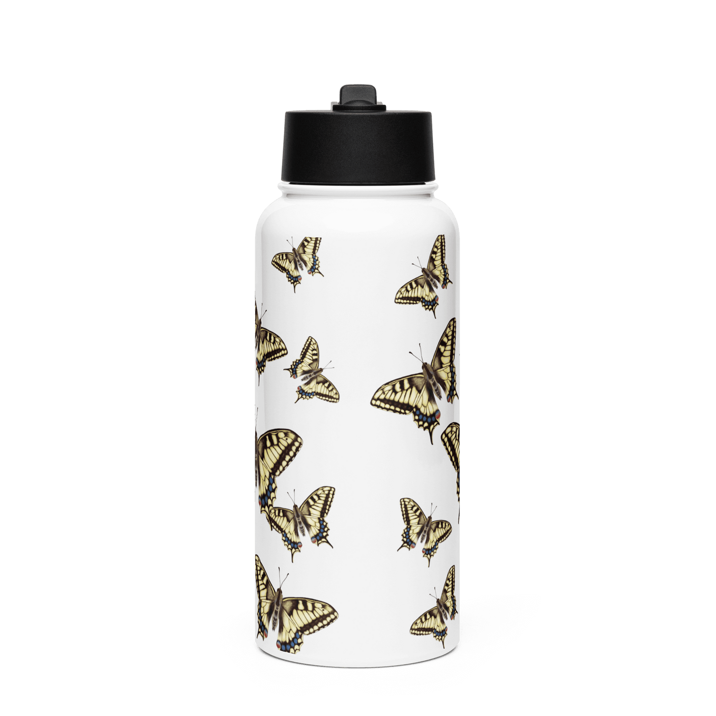 Personalized stainless steel water bottle featuring elegant Machaon Butterfly design for nature lovers.