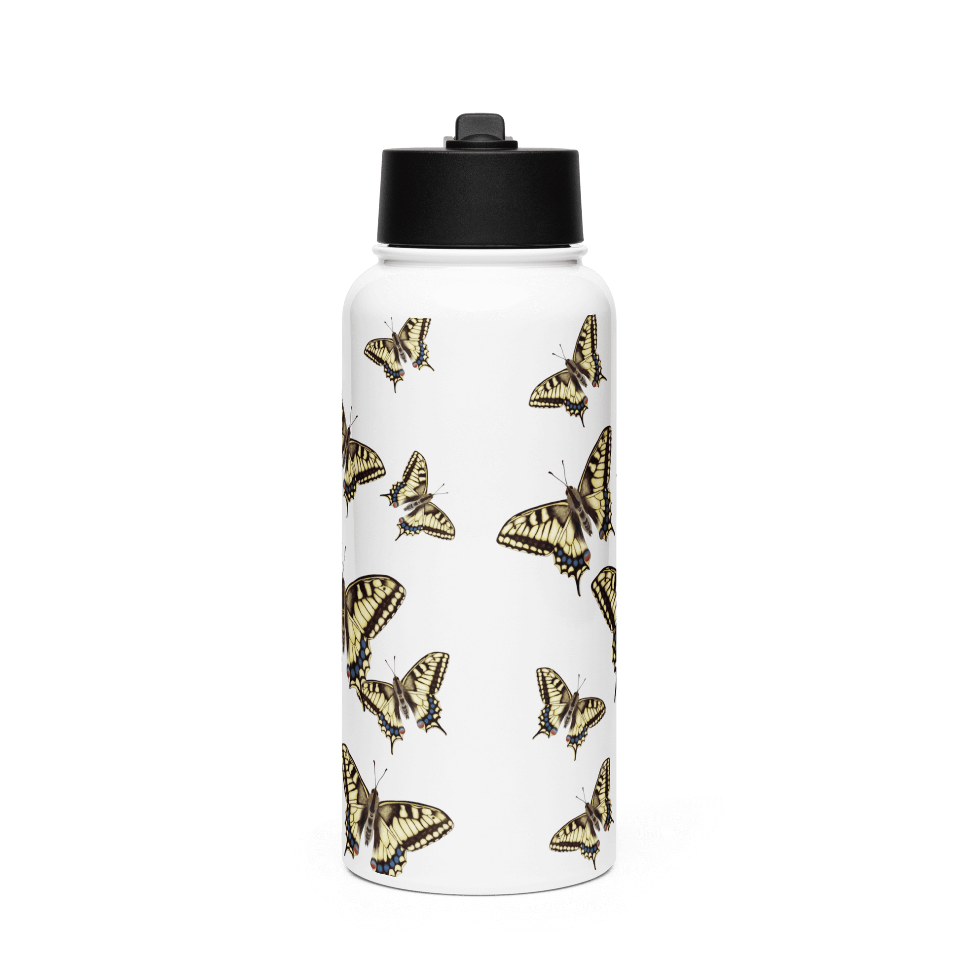 Personalized stainless steel water bottle featuring elegant Machaon Butterfly design for nature lovers.