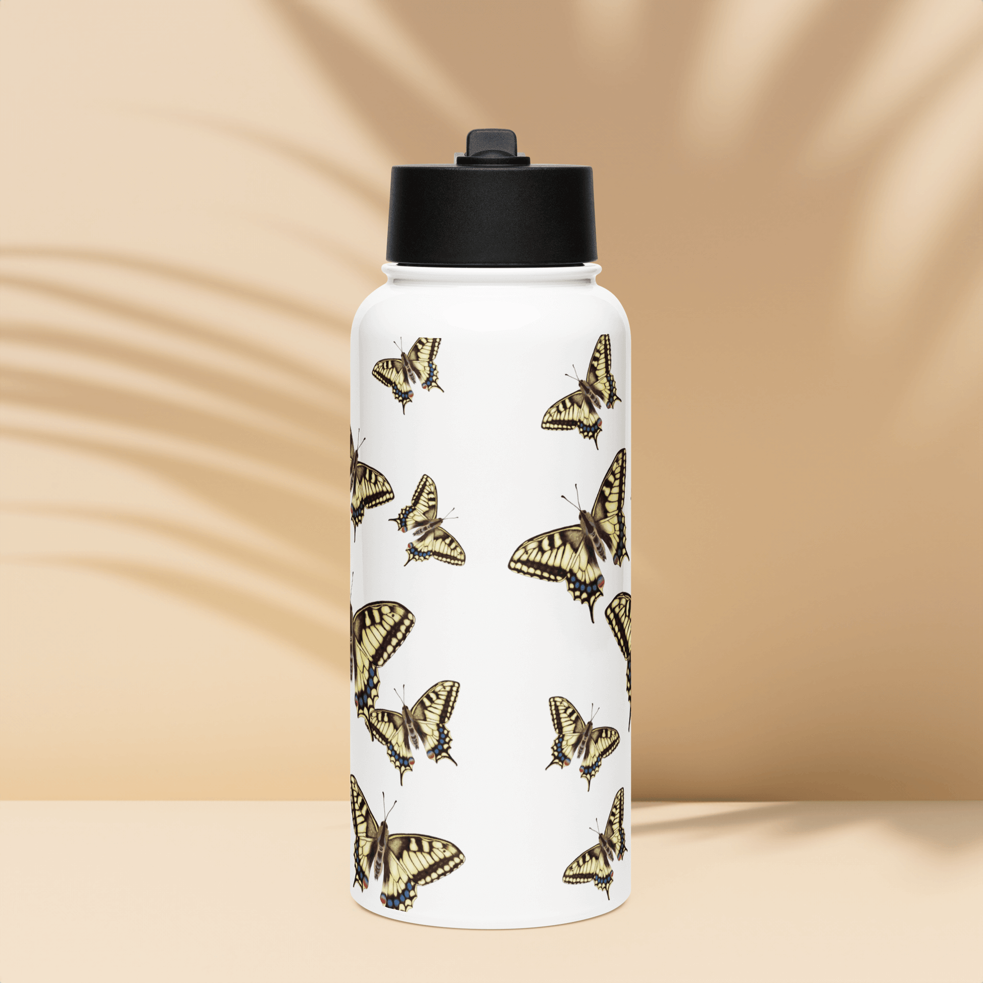 Personalized butterfly water bottle with elegant Machaon design, perfect for nature lovers and as a unique gift.