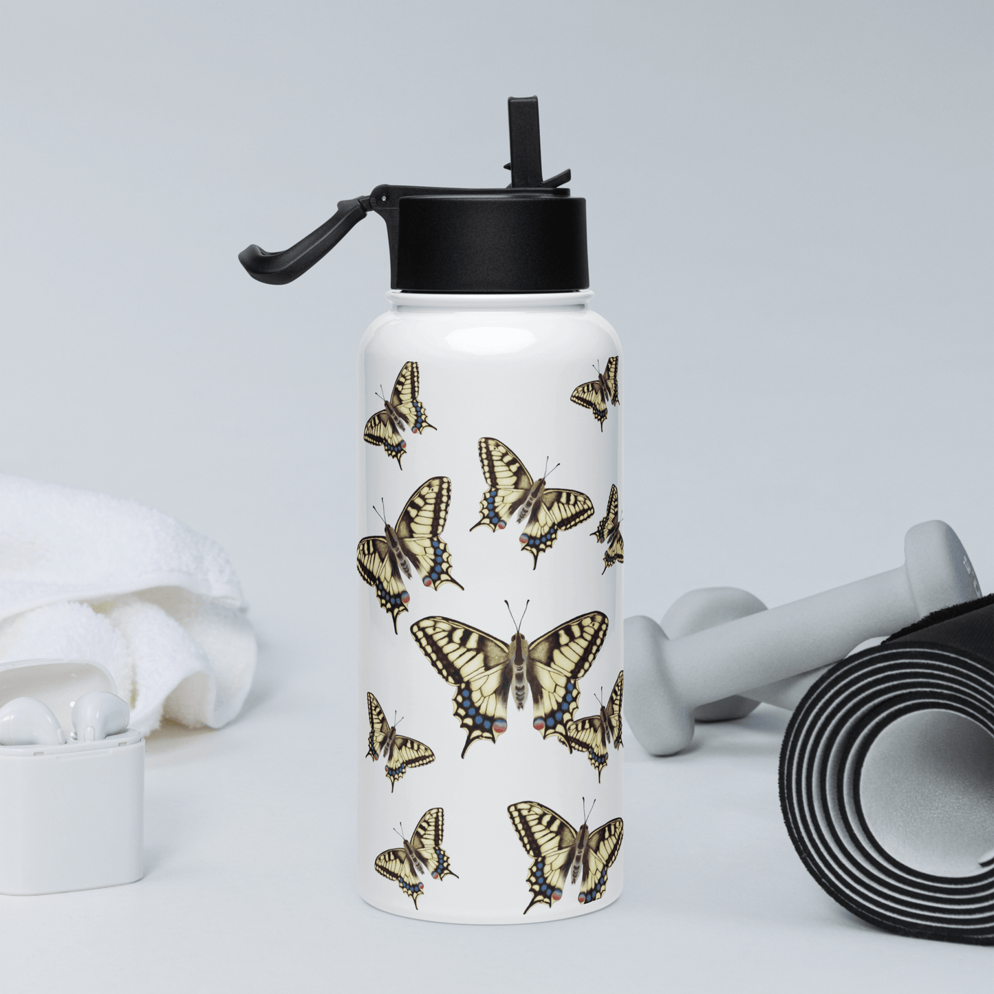 Machaon butterfly water bottle showcasing detailed designs, perfect for gifts, travel accessories, and nature lovers.