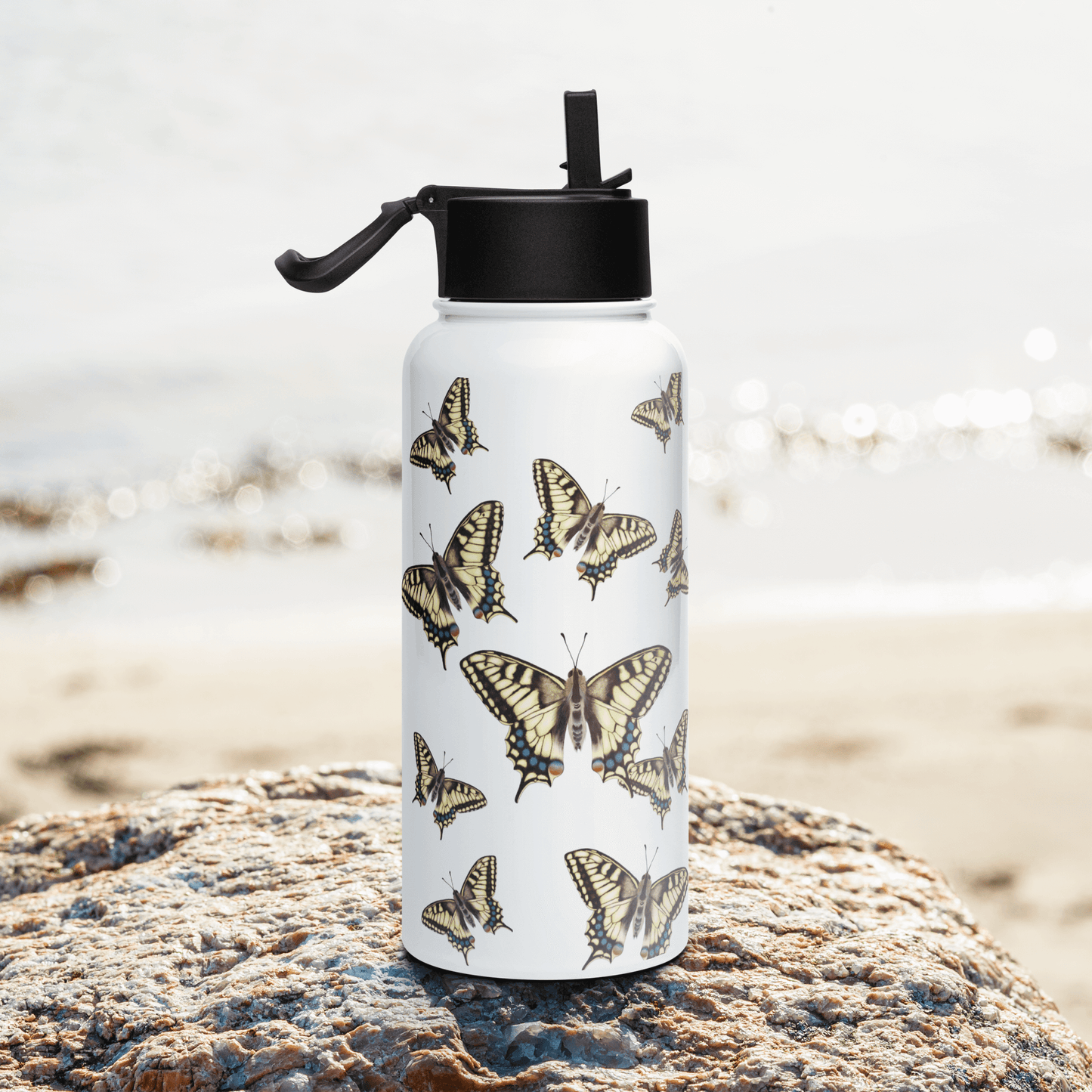 Personalized stainless steel water bottle with Machaon Butterfly design, perfect nature lover gift for any occasion.