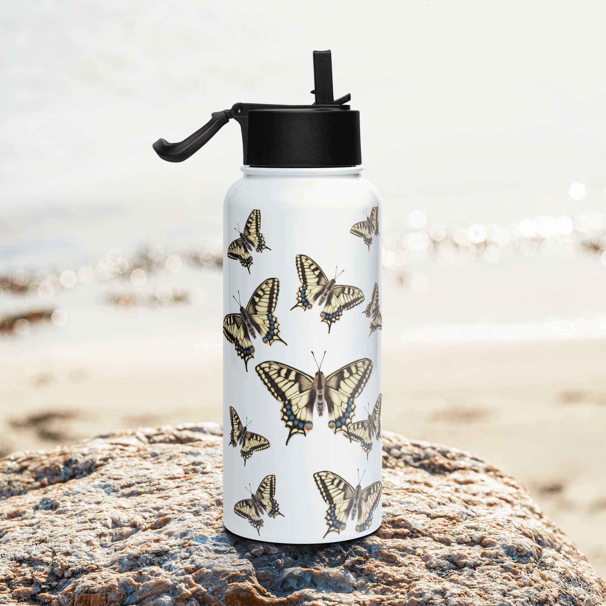 Personalized stainless steel water bottle with Machaon Butterfly design, perfect nature lover gift for any occasion.