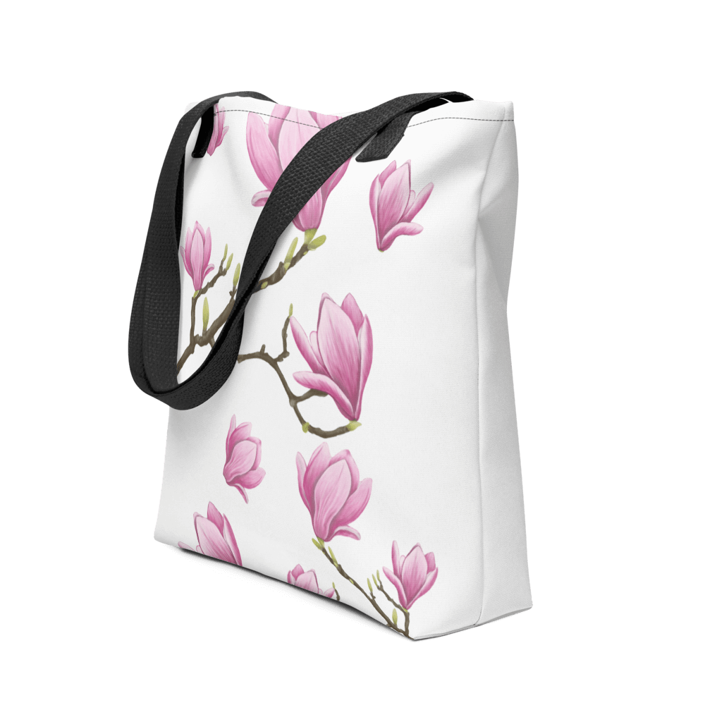 Magnolia all-over print tote bag with black handles image showing the full design
