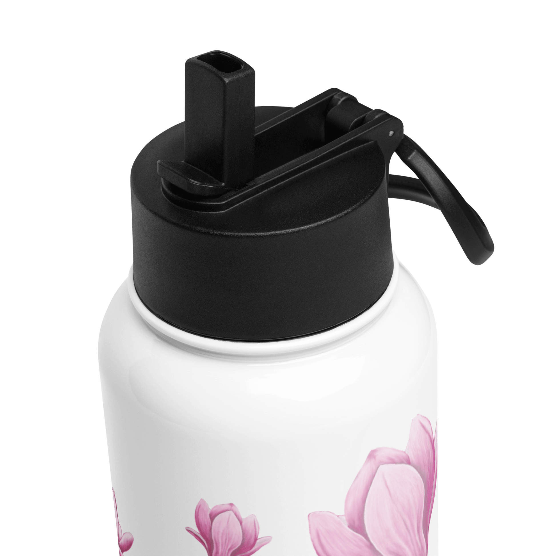 Timeless Magnolia water bottle top with black lid and pink floral design, perfect for travel and gifts.