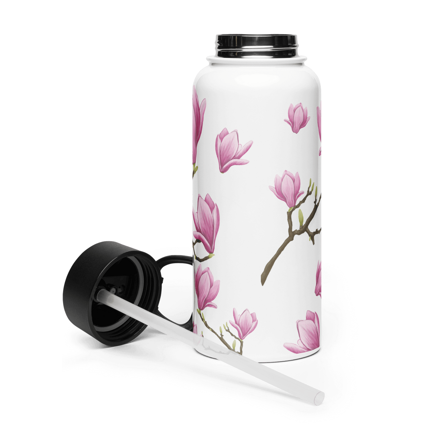 Elegant Magnolia water bottle with pink floral design and black lid, perfect for gifts and travel accessories.