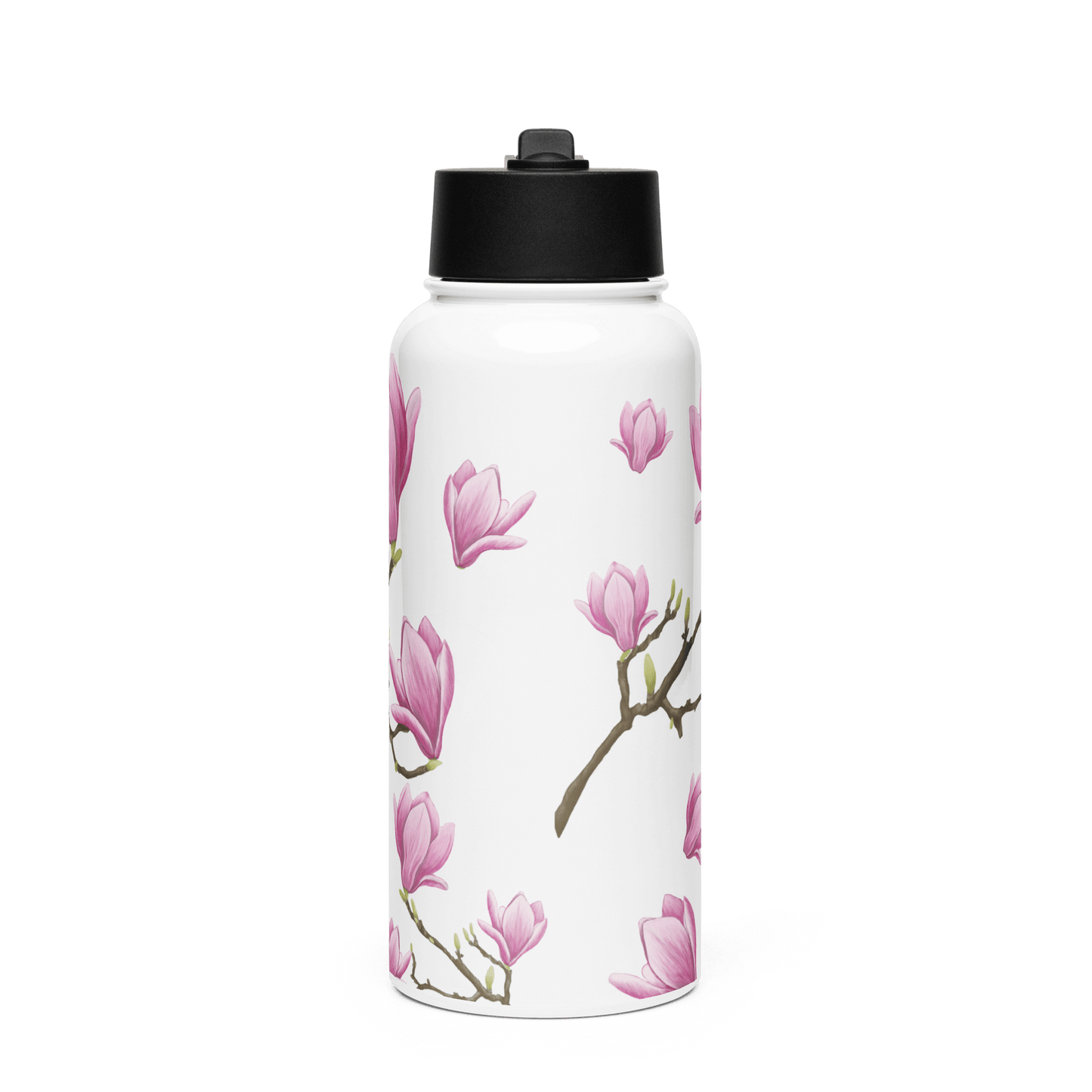 Elegant Magnolia water bottle with soft pink blooms and green leaves, perfect for gifts and travel accessories.