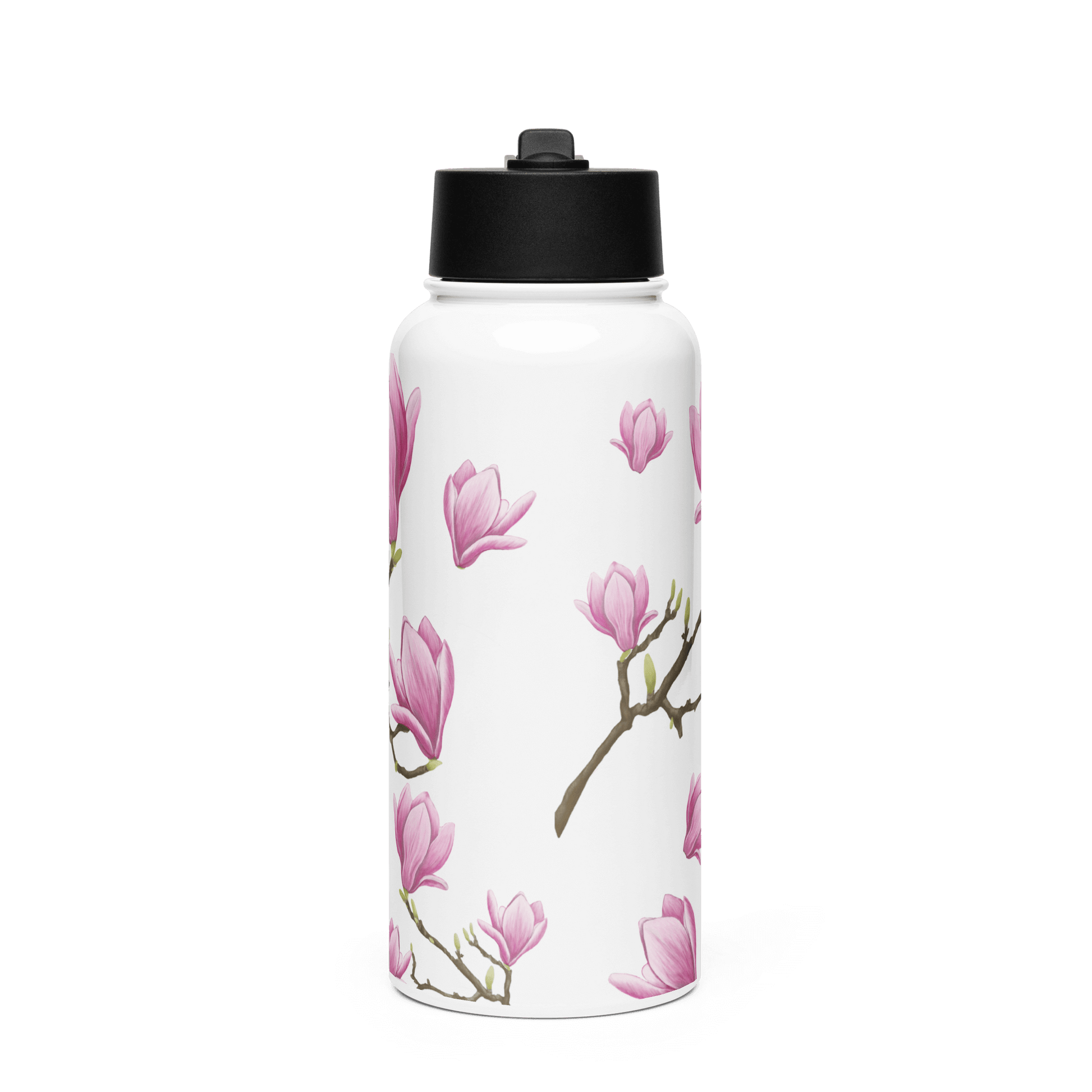 Elegant Magnolia water bottle with soft pink blooms and green leaves, perfect for gifts and travel accessories.