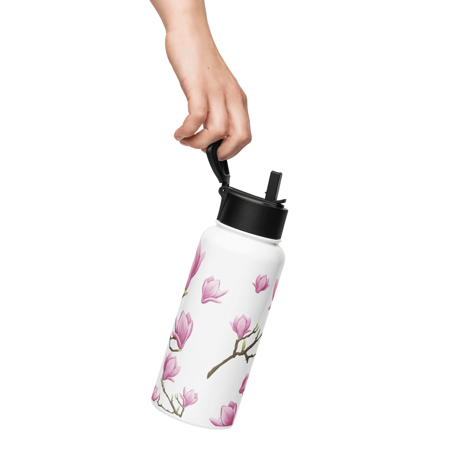 Hand holding a personalized 32oz Magnolia water bottle featuring elegant floral design, perfect for gifts and travel.