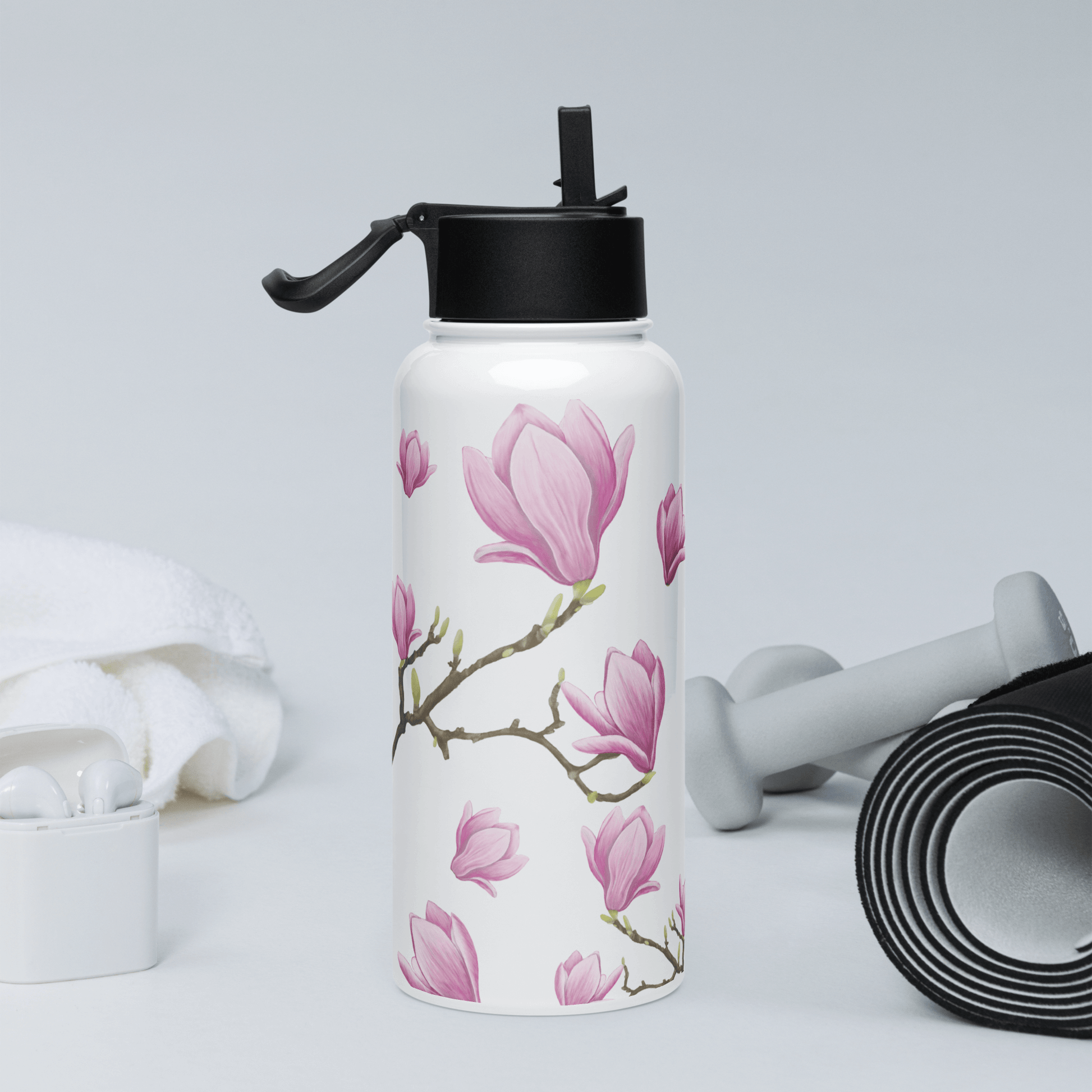 Elegant 32oz Magnolia water bottle with pink blooms, perfect for gifts, travel, and stylish hydration.