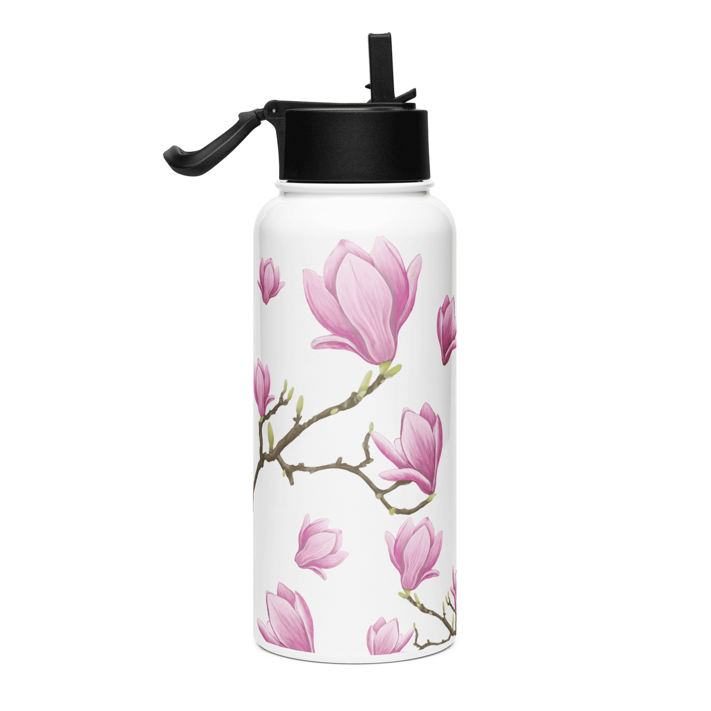 Elegant 32oz Magnolia water bottle with delicate pink blooms, perfect for gifts, travel accessories, and home decor.