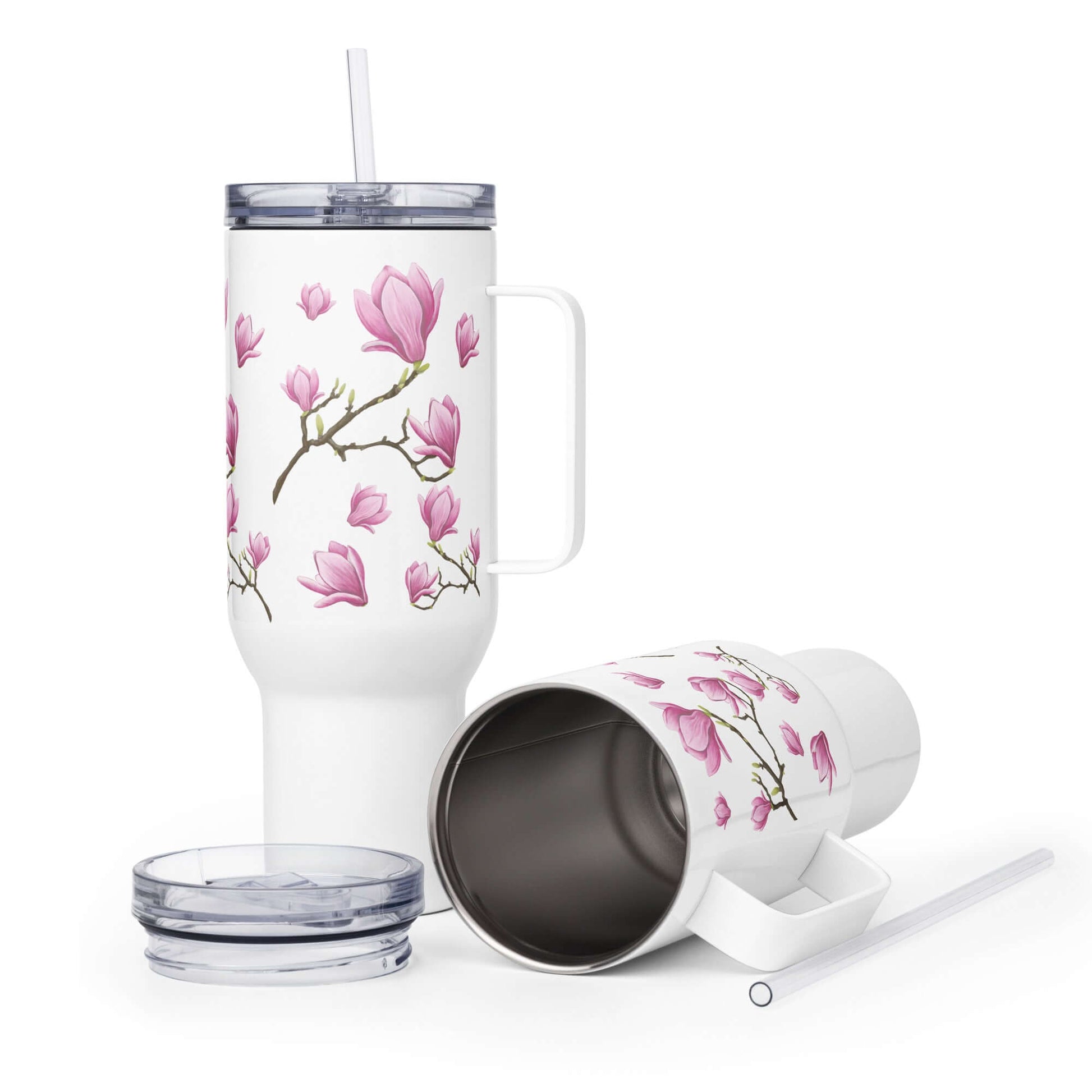 Magnolia design stainless steel tumbler, 25oz and 40oz, double-wall, travel mug with handle, leakproof water bottle.