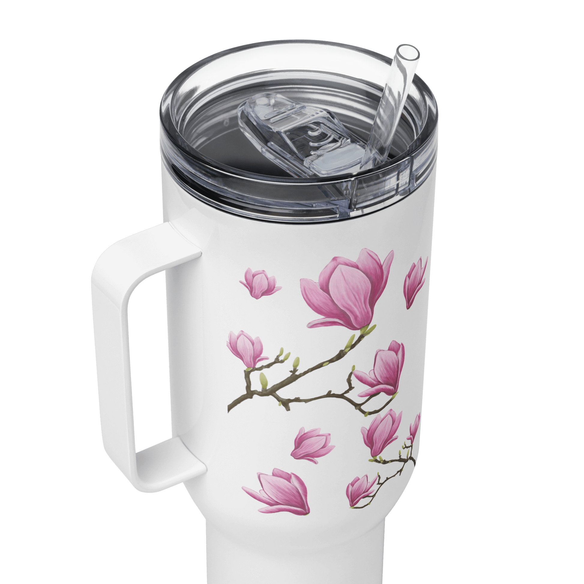 Magnolia design 25oz stainless steel tumbler with handle and straw, perfect for travel, sports, and outdoor hydration.