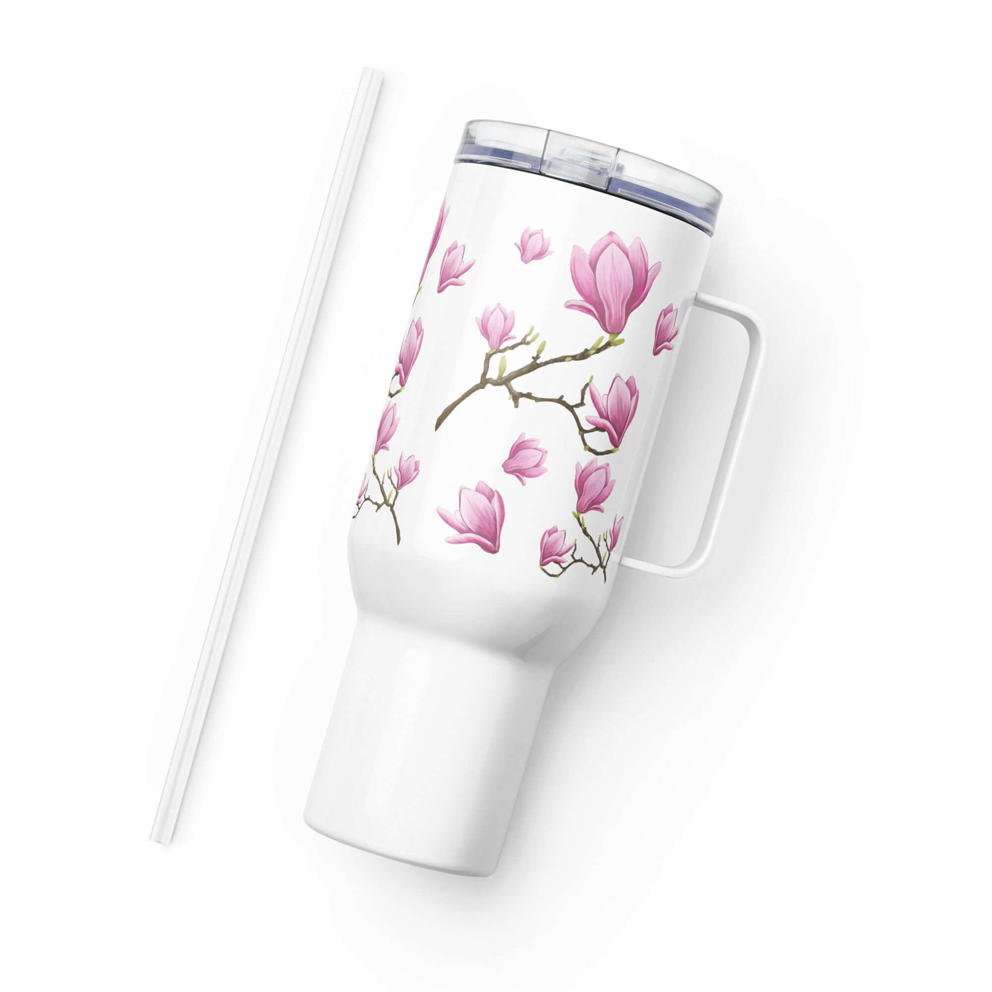 Magnolia design 25oz stainless steel tumbler with handle and straw for travel, perfect for hot and cold beverages.