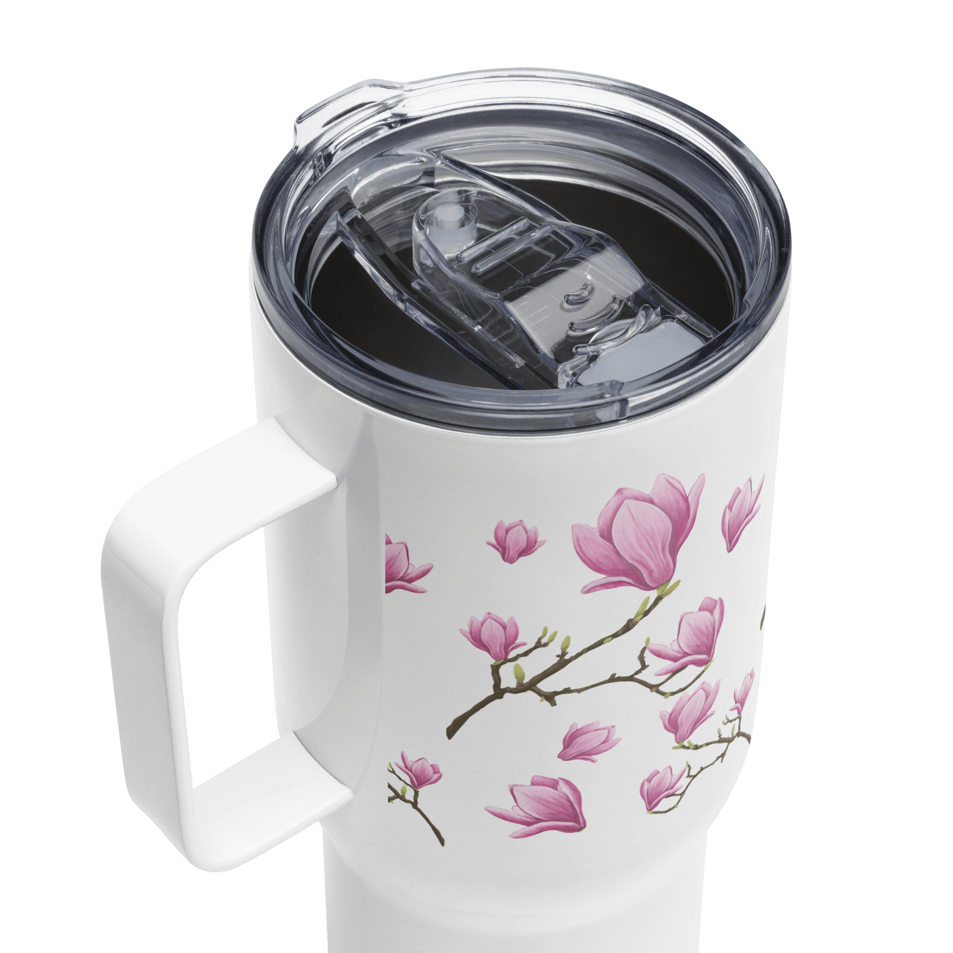 Magnolia design 25oz tumbler with handle and lid, ideal for travel, gym, and outdoor use. Perfect coffee and water bottle.