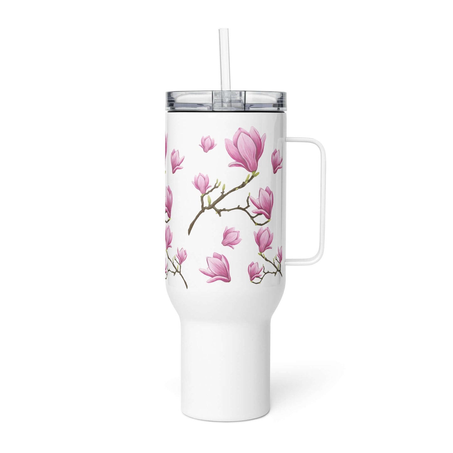 Magnolia Design Tumbler, double-wall stainless steel travel mug, 25oz with handle and floral design, perfect for hot and cold drinks.