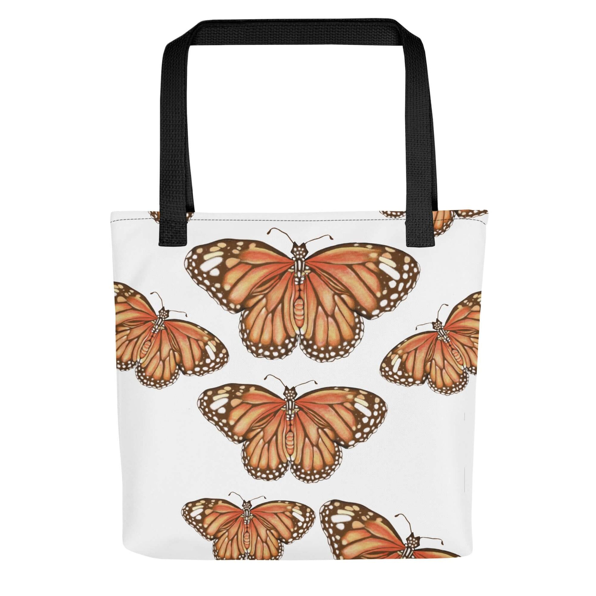 Butterfly Migration Canvas Tote featuring vibrant monarch butterflies on a white background, perfect for nature lovers.