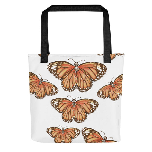 Butterfly Migration Canvas Tote featuring vibrant monarch butterflies on a white background, perfect for nature lovers.