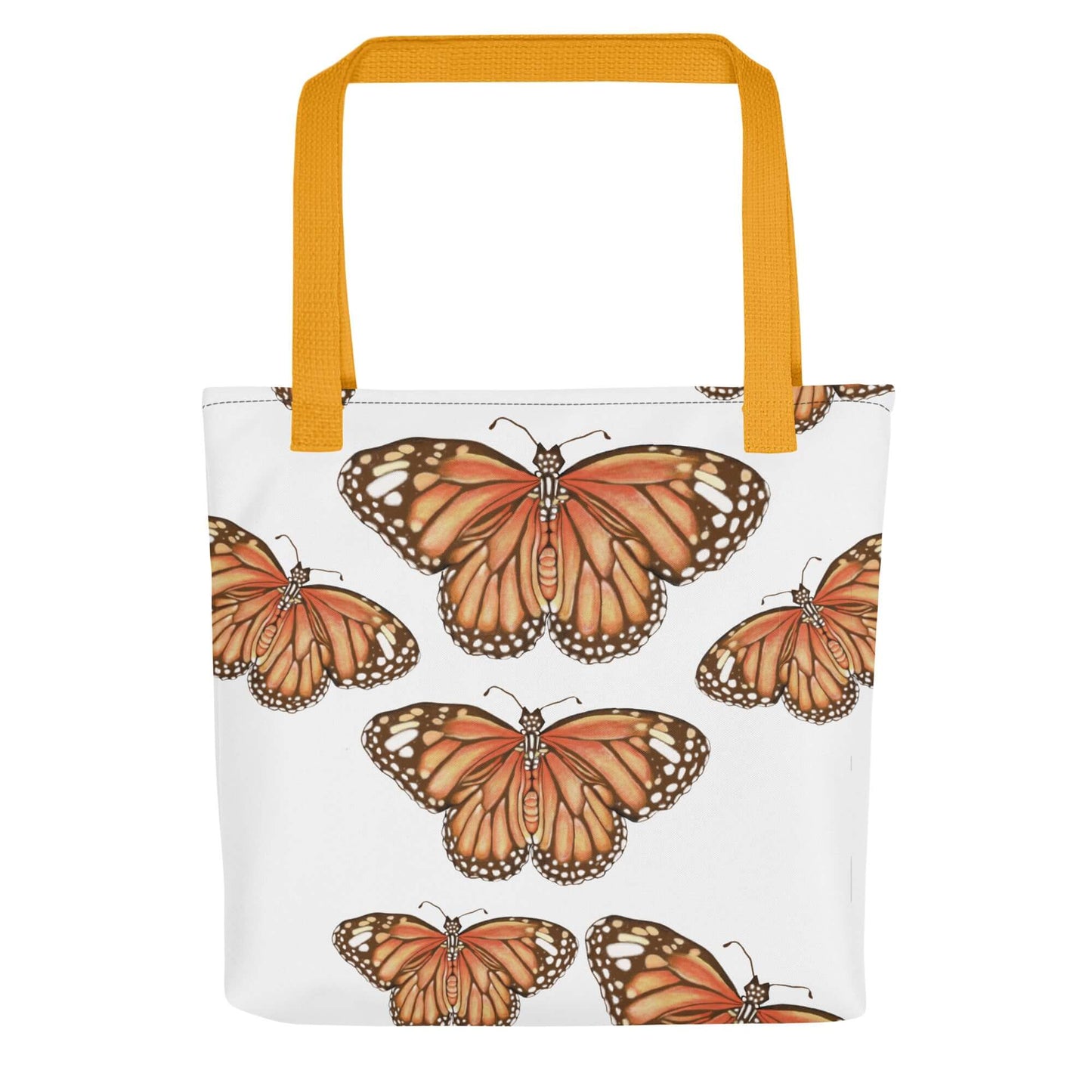 Canvas tote bag featuring vibrant monarch butterfly design, perfect for nature lovers and as a stylish gift.