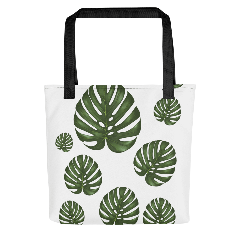 Monstera all-over print tote bag with black handles image showing the full design frontal view