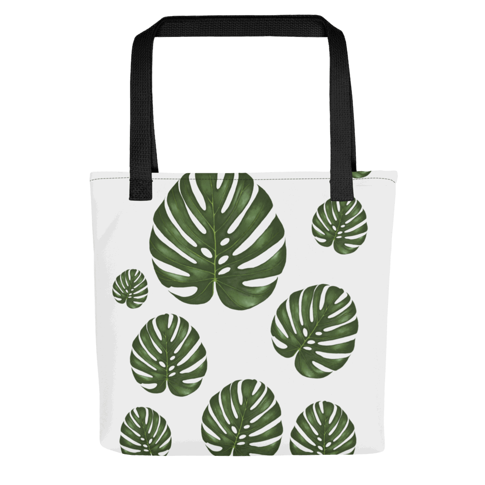 Monstera all-over print tote bag with black handles image showing the full design frontal view