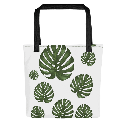 Monstera all-over print tote bag with black handles image showing the full design frontal view