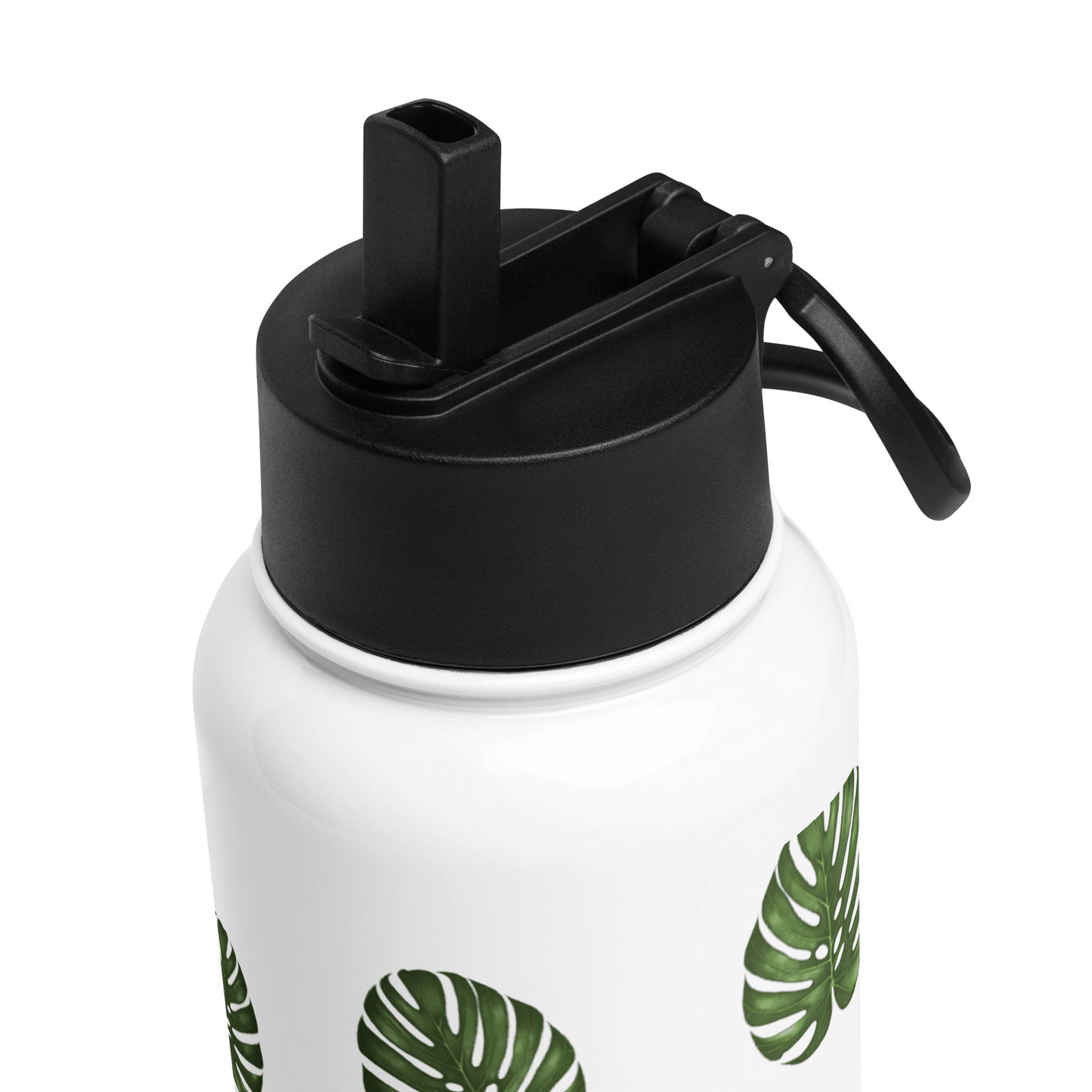 Top view of a 32oz Monstera water bottle showcasing the sleek lid and vibrant green leaf design, perfect for tropical enthusiasts.