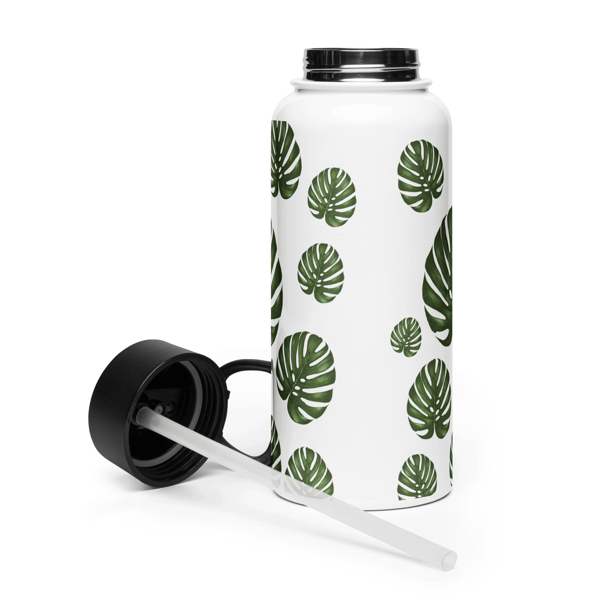 Monstera water bottle with tropical leaf design, perfect for gifts, travel accessories, and modern botanical aesthetics.