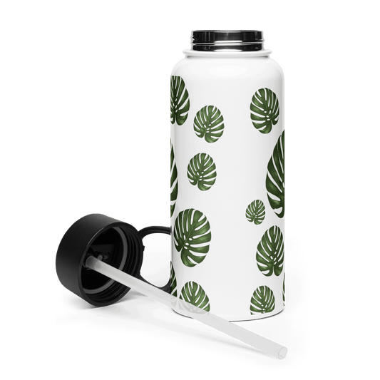 Monstera water bottle with tropical leaf design, perfect for gifts, travel accessories, and modern botanical aesthetics.