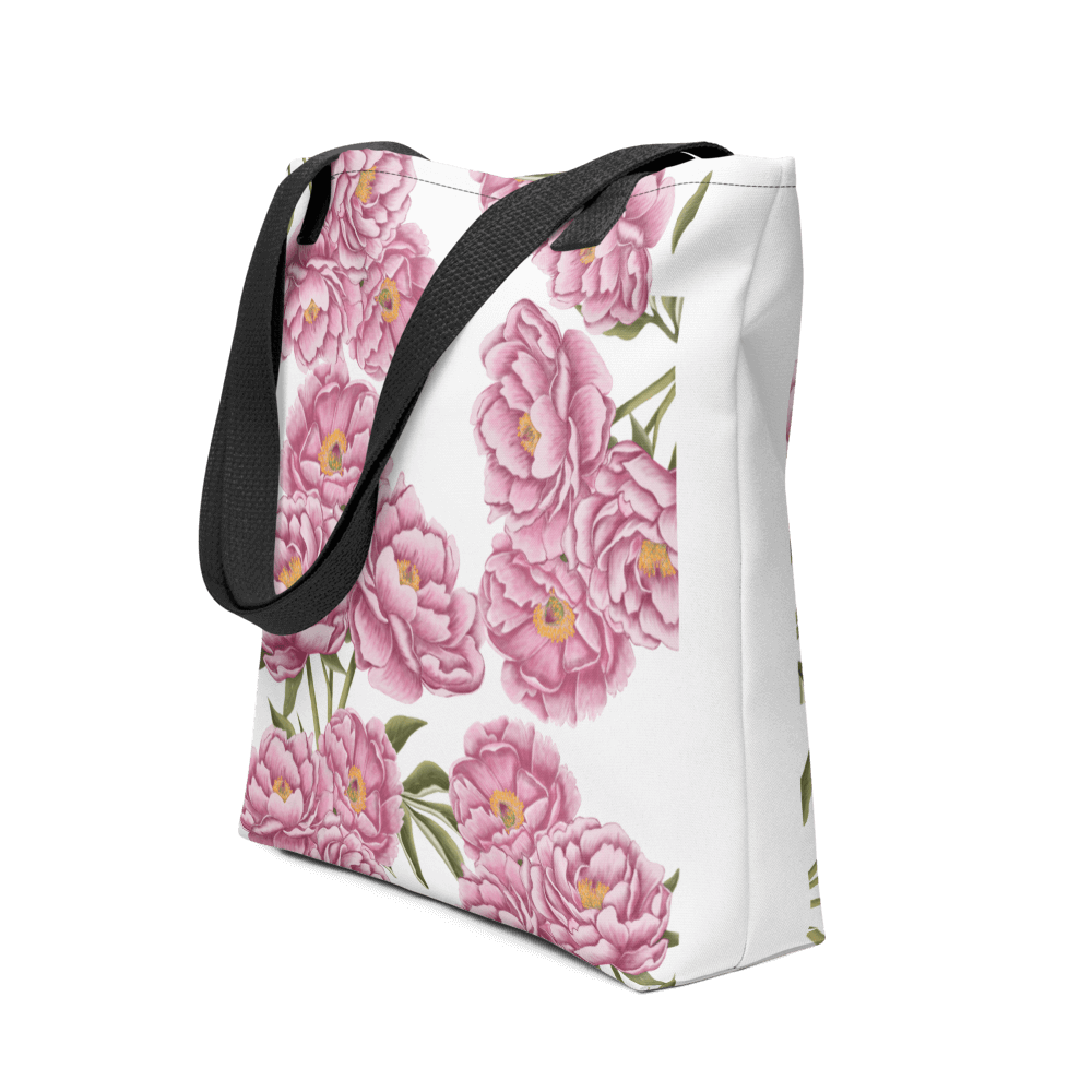 Peony all-over print tote bag with black handles image showing the full design