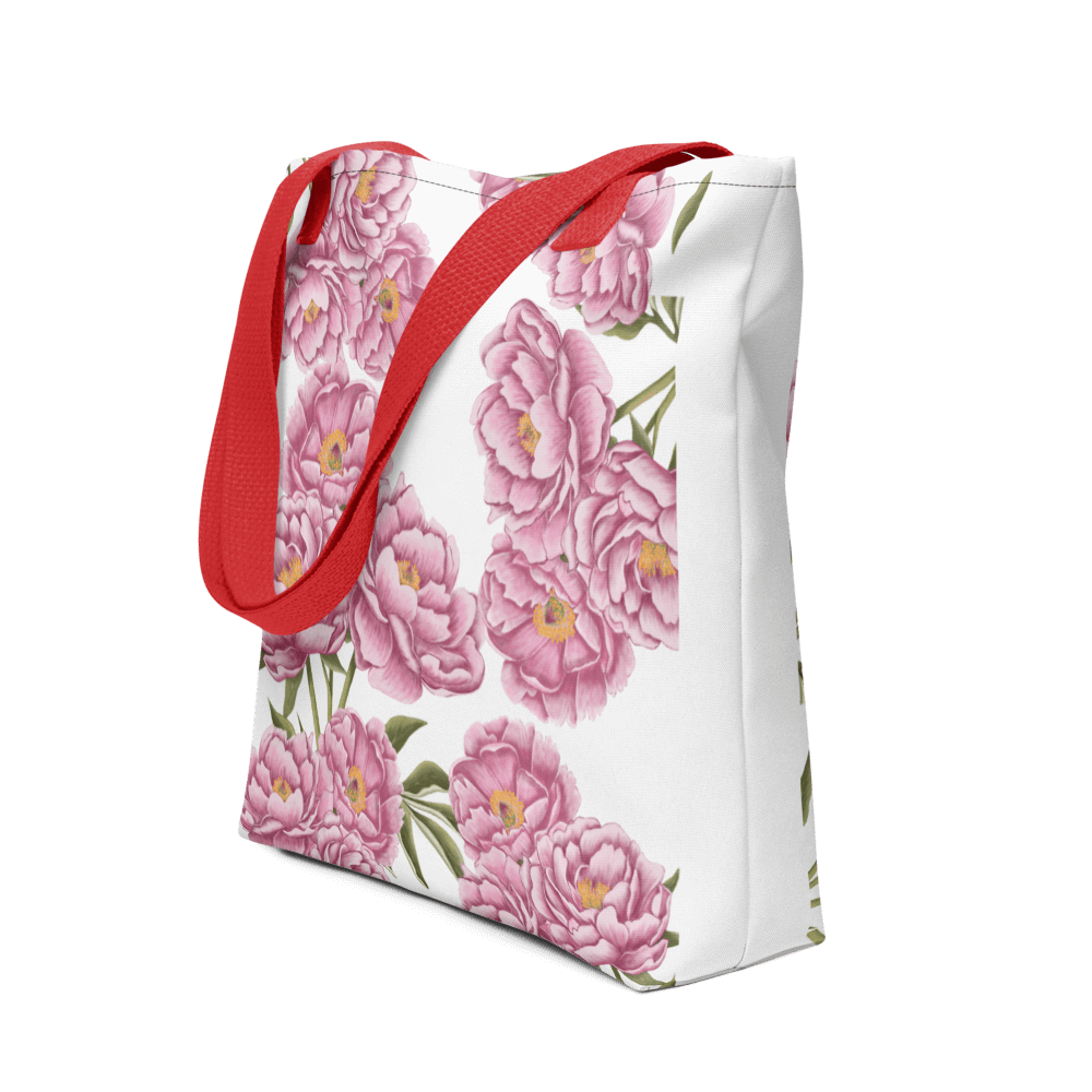 Peony all-over print tote bag with red handles displayed prominently
