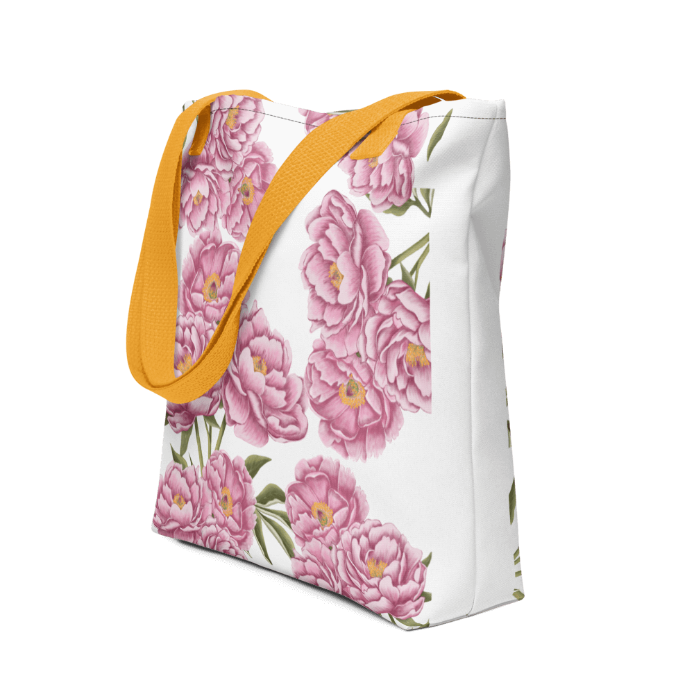 Peony all-over print tote bag - Focusing on the yellow handle