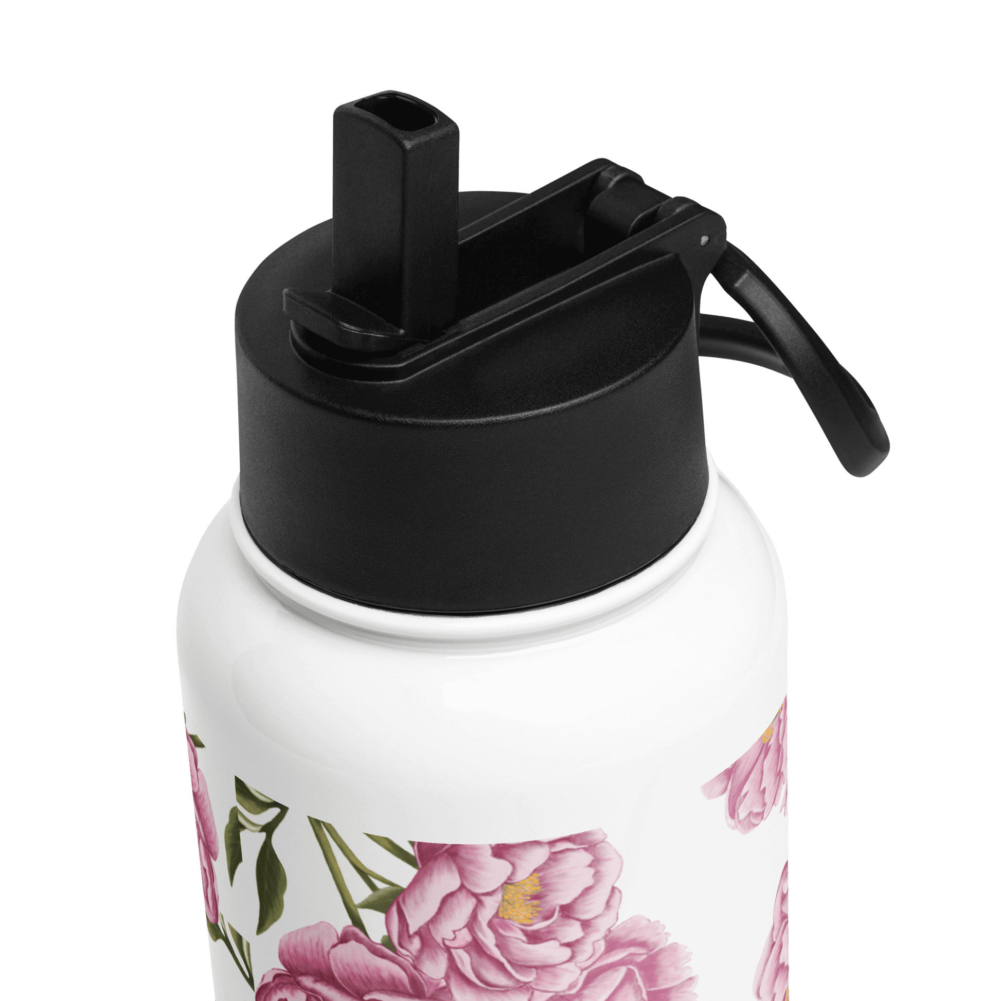 Close-up of a white water bottle with a black lid, adorned with beautiful pink peony floral design.