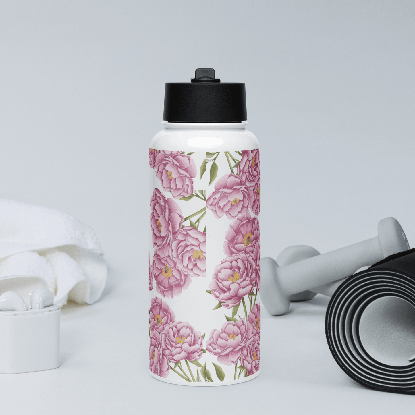 Romantic peony water bottle, 32oz, featuring pink blooms, perfect for gifts, travel, and stylish hydration.