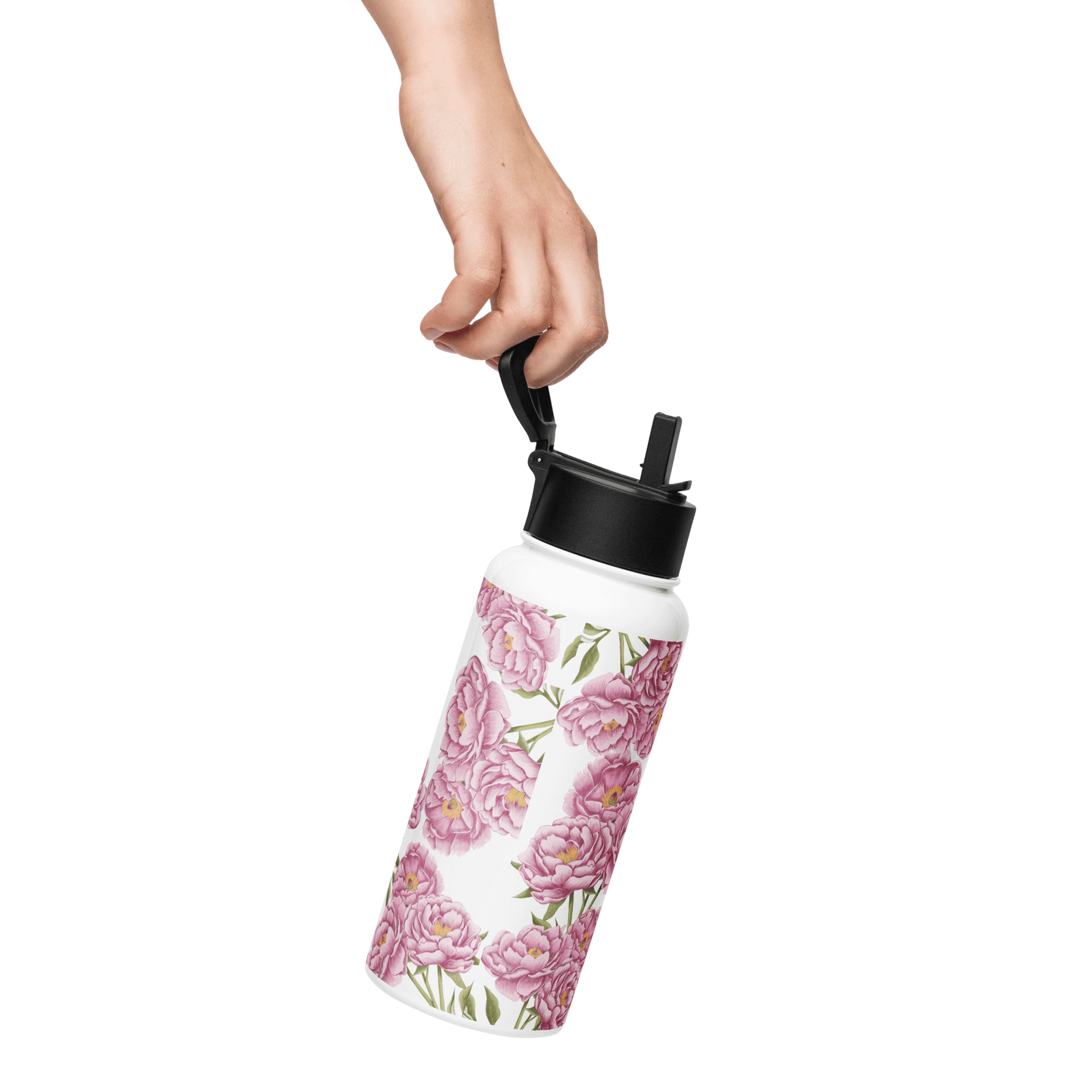 Hand holding a floral water bottle featuring pink peony designs, perfect for gifts and stylish hydration on the go.