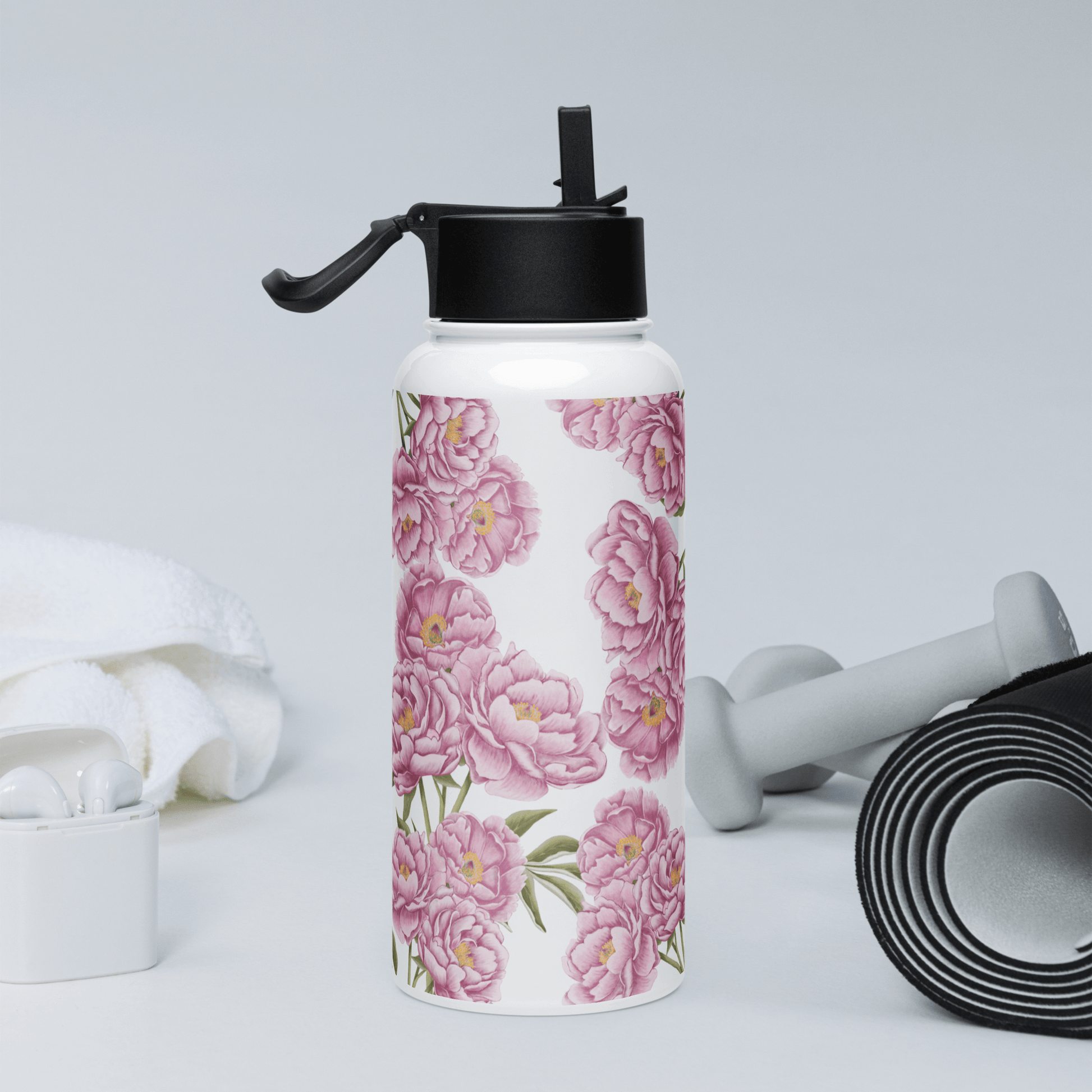 Romantic peony water bottle with floral design, ideal for gifts like housewarming, Mother's Day, and bachelorette parties.