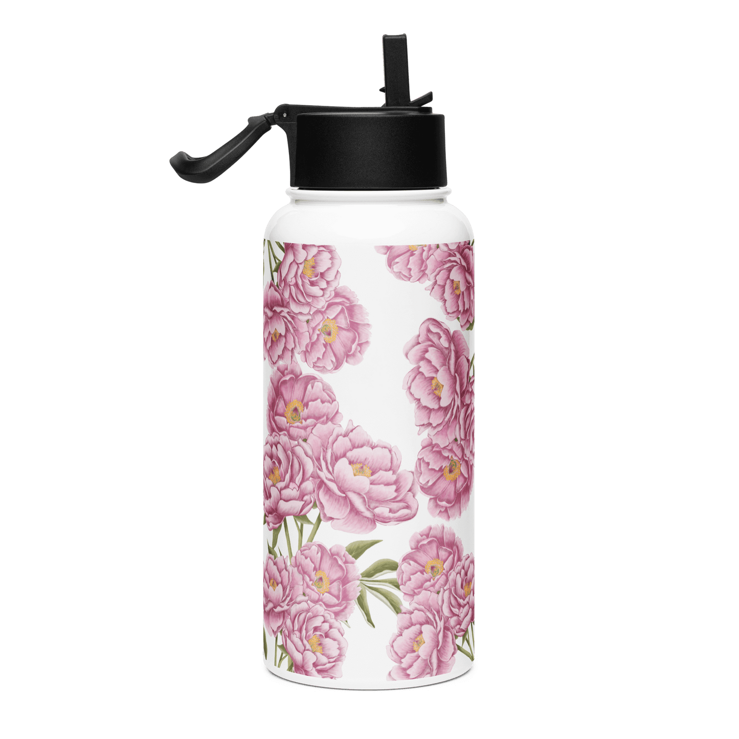 Romantic Peony water bottle, 32oz, featuring lush pink blooms, perfect gift for her, trendy drinkware for any occasion.