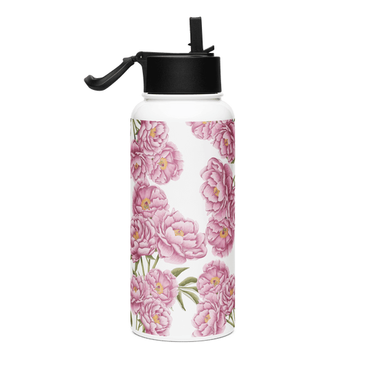 Romantic Peony water bottle, 32oz, featuring lush pink blooms, perfect gift for her, trendy drinkware for any occasion.