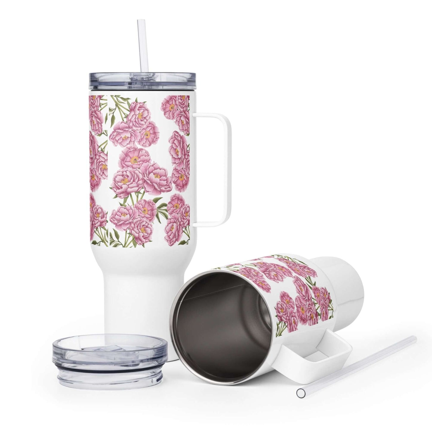 Peony design insulated tumbler with handle and straw, showcasing stylish floral pattern for drinks on-the-go.