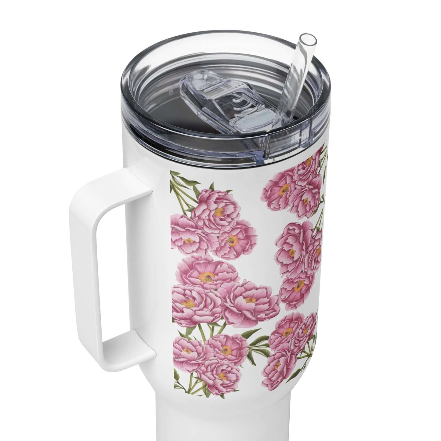 Insulated Peony Design Tumbler with Straw and Handle, 40 oz for stylish hydration on the go.