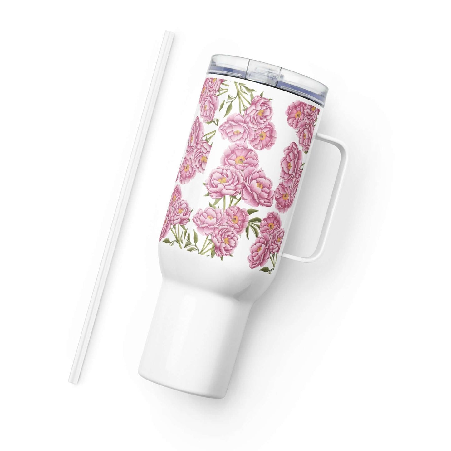 Peony Design 40 oz Insulated Tumbler with Handle and Straw, ideal for stylish hydration and temperature retention.