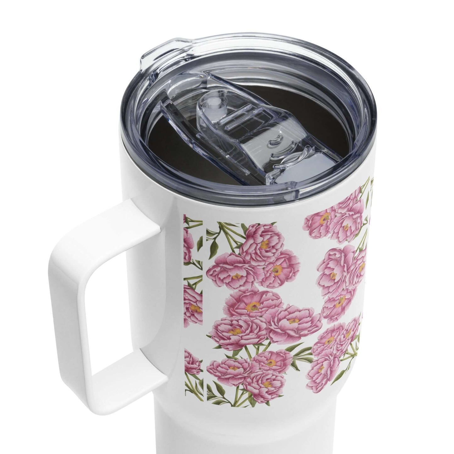 Peony design insulated tumbler with handle, featuring a clear straw lid and floral pattern, perfect for travel and hydration.