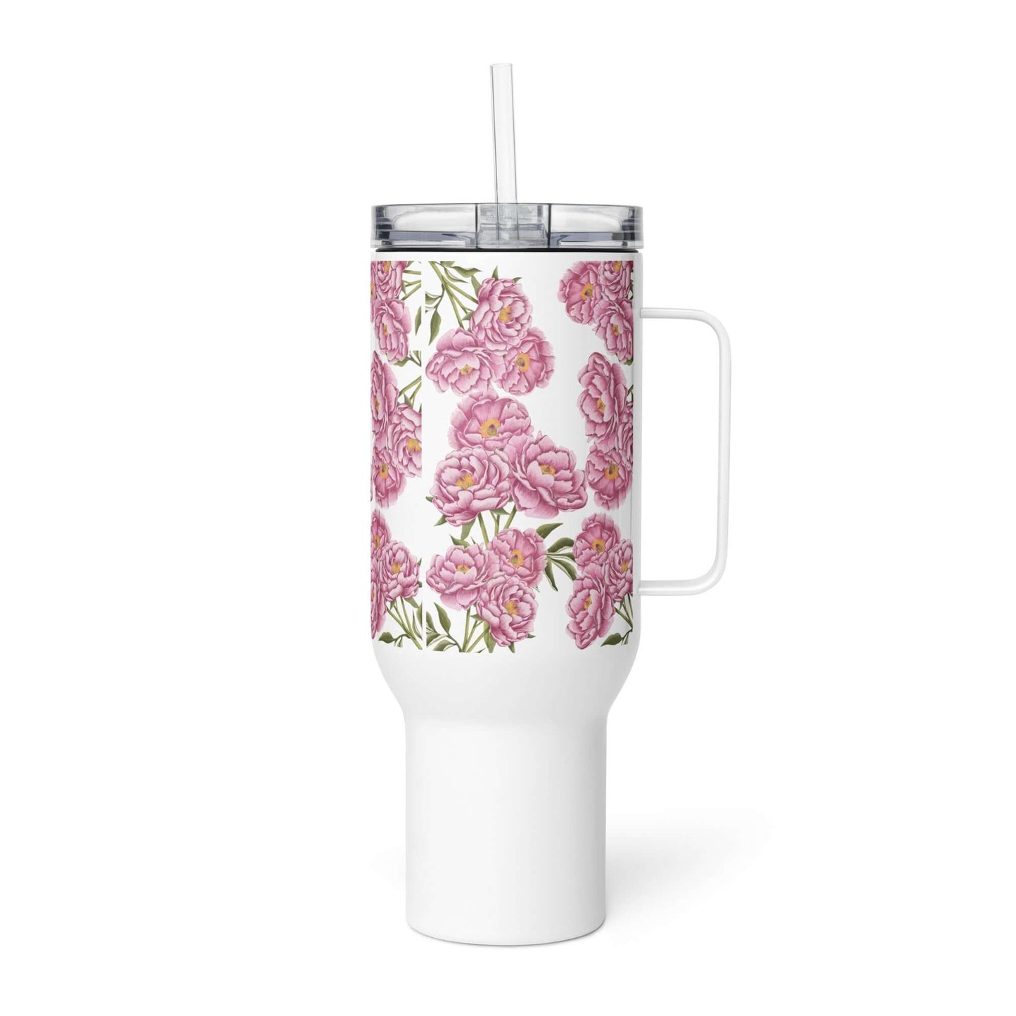 Insulated peony design tumbler, 40 oz, double wall with straw and handle, perfect for travel mugs and coffee beverages.