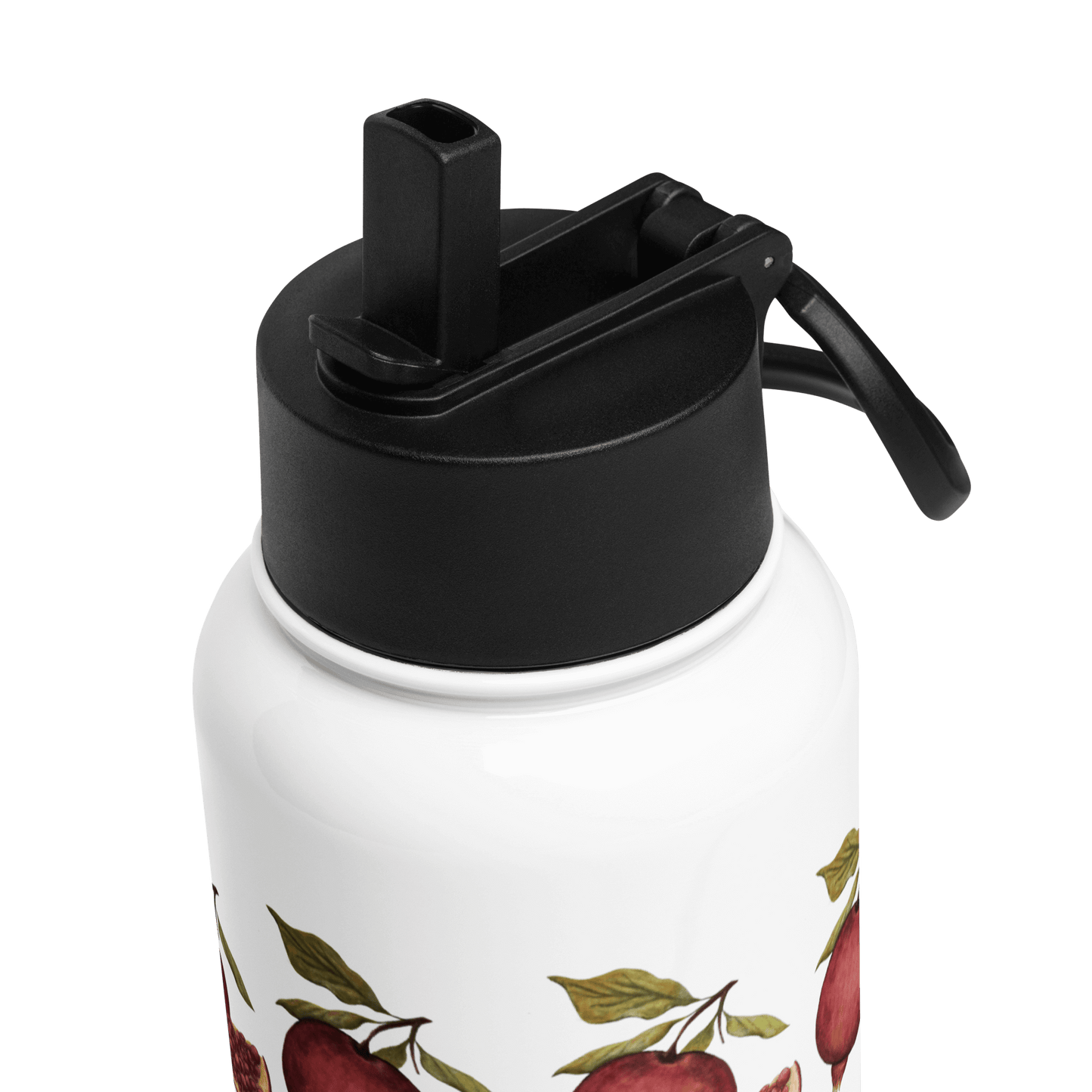 Close-up of vibrant pomegranate water bottle lid with black spout and handle, perfect for hydration on the go.