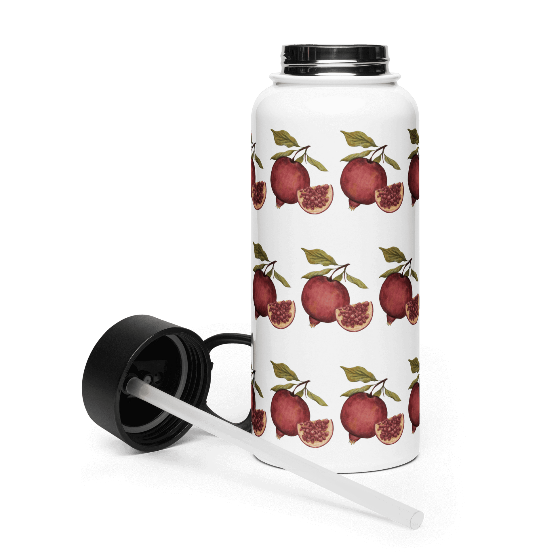 Vibrant pomegranate stainless steel water bottle with a black lid and straw, featuring botanical fruit design.