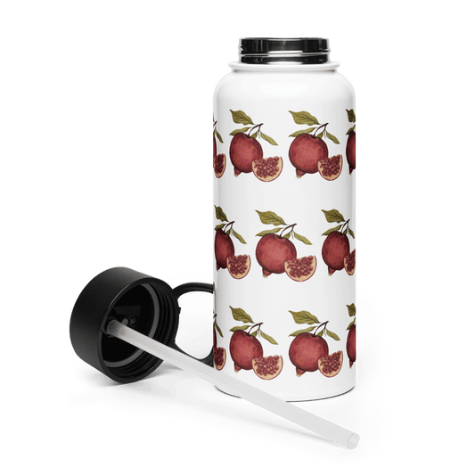 Vibrant pomegranate stainless steel water bottle with a black lid and straw, featuring botanical fruit design.