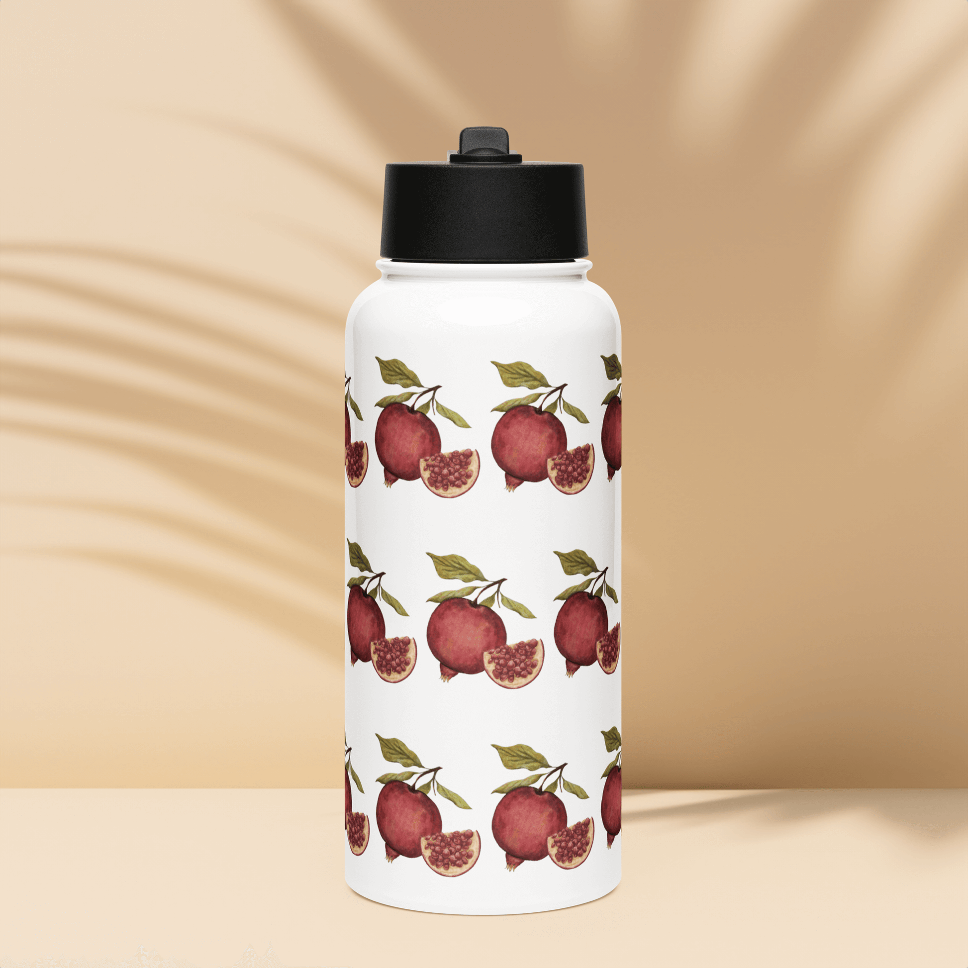 Vibrant pomegranate patterned stainless steel water bottle, perfect for gifts and hydration on-the-go.